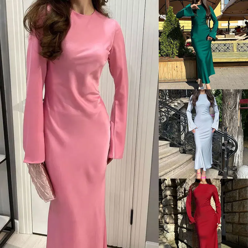 

Autumn Elegant Solid Color Mid-Length Dresses New Slim-Fit Flared Sleeve Sheath Dress Chic French Style Party Evening Gowns Robe