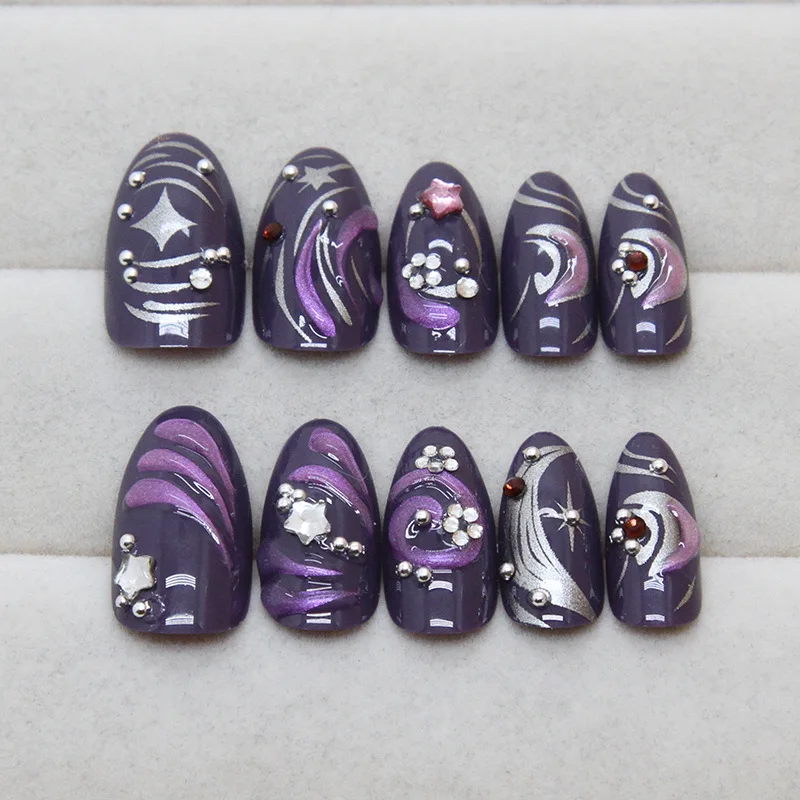 24pcs Dark Purple Pearlescent Fake Nails y2k Press On Acyrlic Nails Long Almond Flash Stars False Nails 3D Ripple Decor Wearable