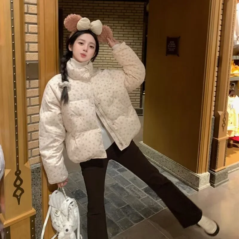 

Crop Parkas Women Winter New BF Retro Floral Design Half Turtleneck Cotton Chic Loose Thicken Warm Zipper Bread Tops Sweet Girl