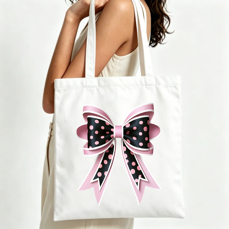Women's polka dot bow canvas tote bag, casual style for daily shopping and summer outings