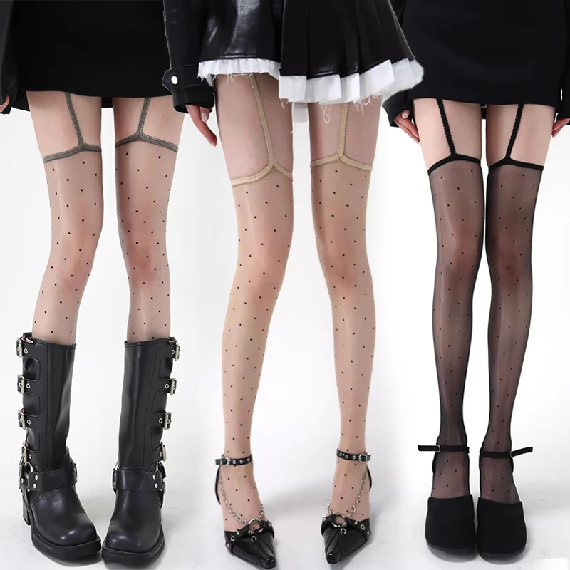 Ultradünne Glänzende Strapsstrümpfe Damen Spitze Sexy Retro Gepunktete Strümpfe Schwarz Transparent Vierseitig Ausgehöhlte Spitzenborte Leichte Strumpfhose