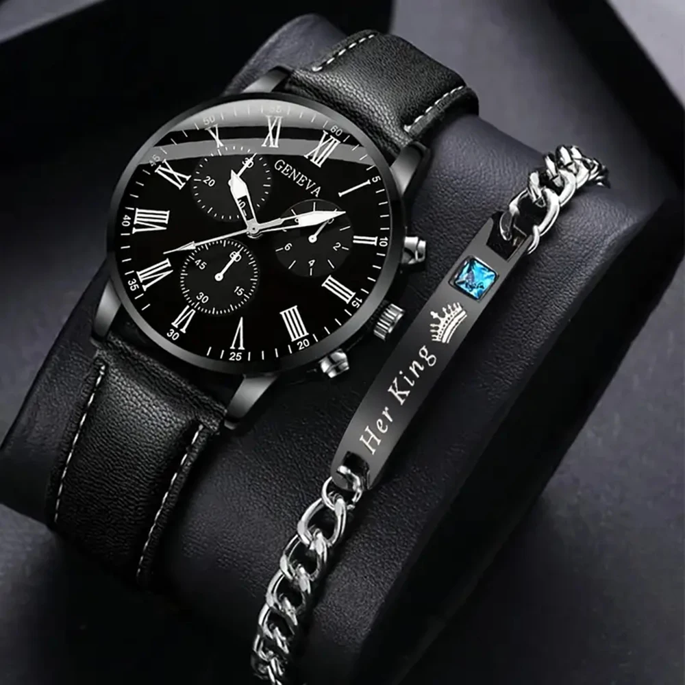 Watch + Bracelet 2PCS/Set Minimalist Men\'s Fashion Ultra Thin Watches Simple Men Business PU Leather Strap Quartz Watch