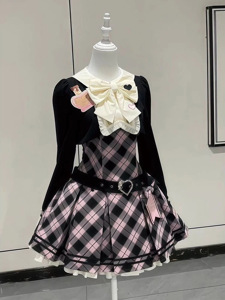 Robe gothique japonaise douce rétro Lolita pour femmes, Design Sense Bow Plaid Patchwork, nouvelle mode Vintage, jolies tenues 2025