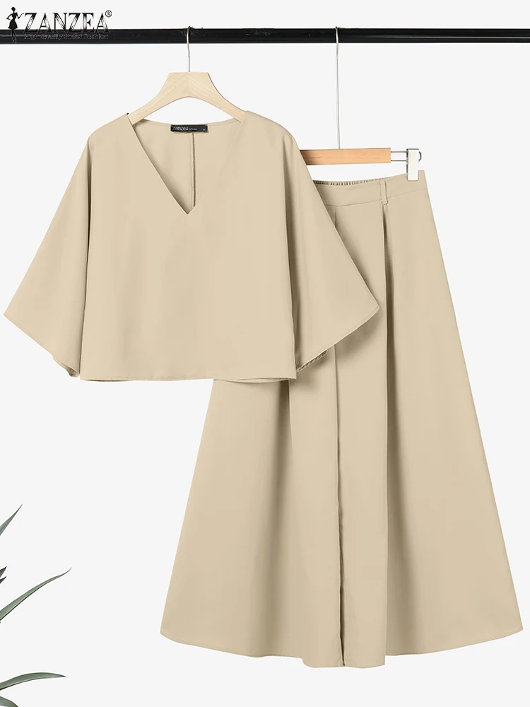

ZANZEA Loose 3/4 Sleeve V-Neck Crop Tops 2PCS Outfits Solid Fashion Commute Woman 2 Piece Sets Wide Leg Pants Casual Pant Suits