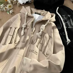 American Vintage Letter Hooded Cardigan Sweater Men and Women Oversize Loose Couple Autumn and Winter Versatile Zipper Coat Top