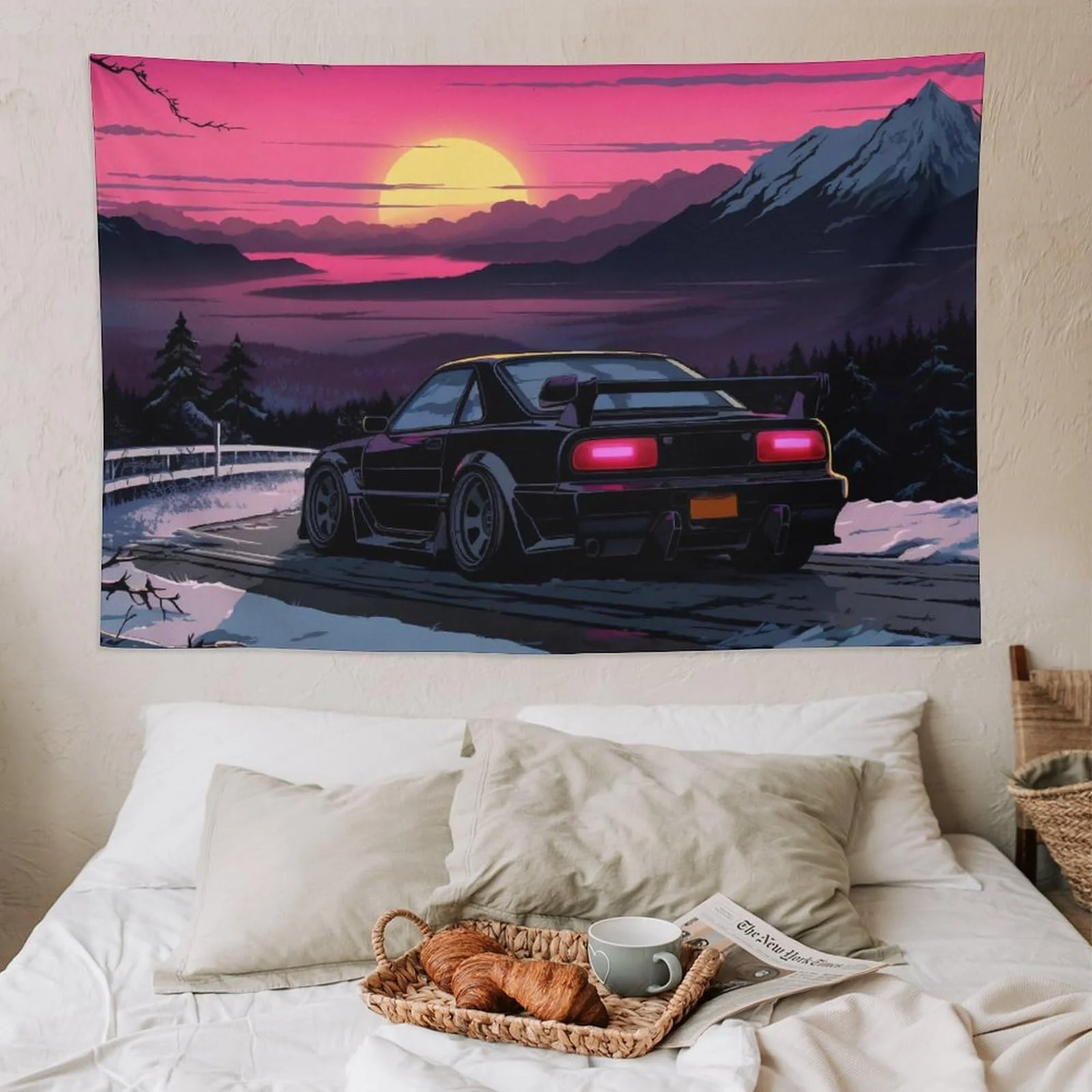 VIKAMA Purple Car Tapestry - Neon Lights, Cityscape, Vibrant