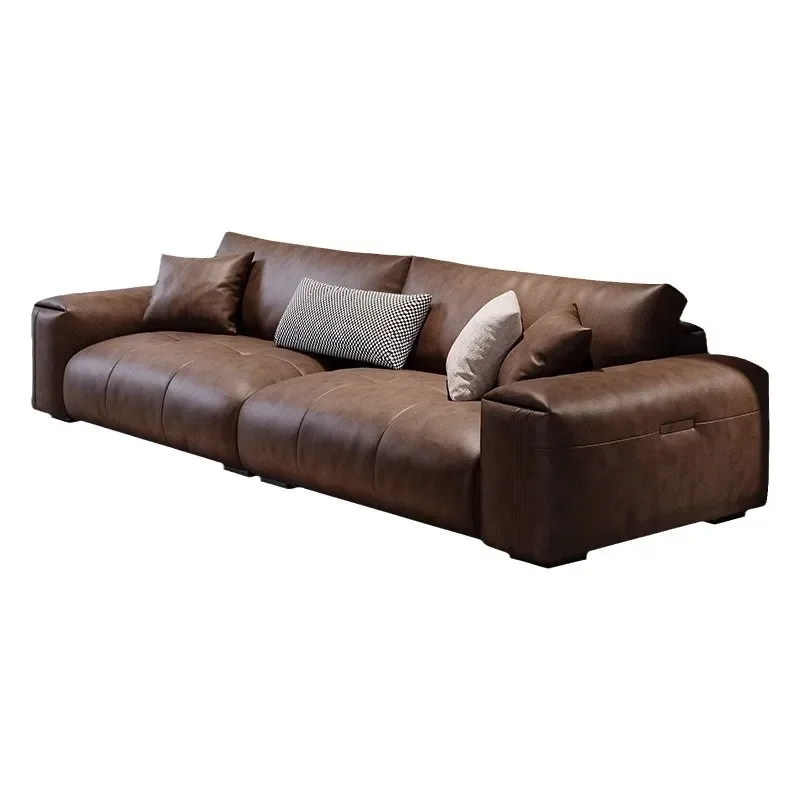 

Light luxury Italian minimalist leather sofa straight row one-character small apartment retro living room home first-layer