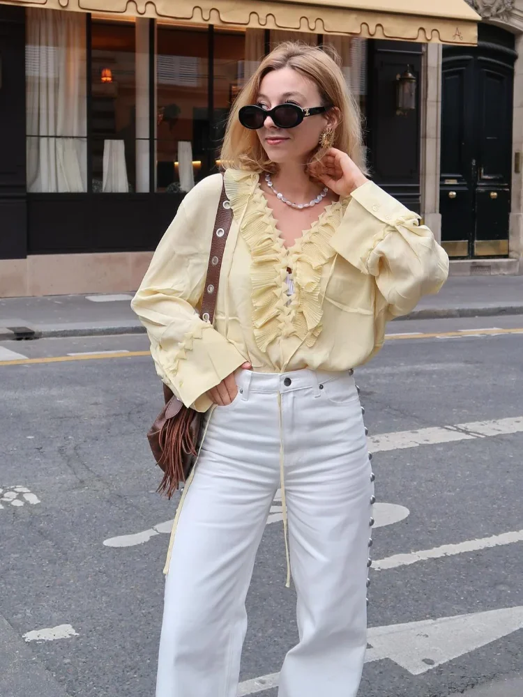 

Элегантная шифоновая рубашка на шнуровке, женская желтая рубашка с рюшами и длинными расклешенными рукавами, v-образным вырезом, свободные рубашки, женские 2021, летние шикарные однотонные женские рубашки