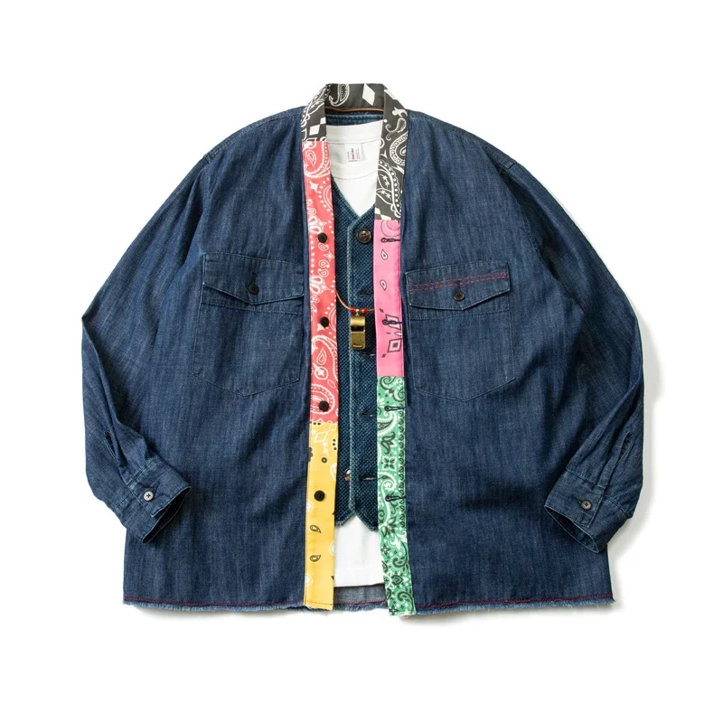 

Luckysartorius Spring and Summer Vintage Jacket Denim Embroidered Ethnic Style Pasted Sermon Robe Japanese Men's Coat