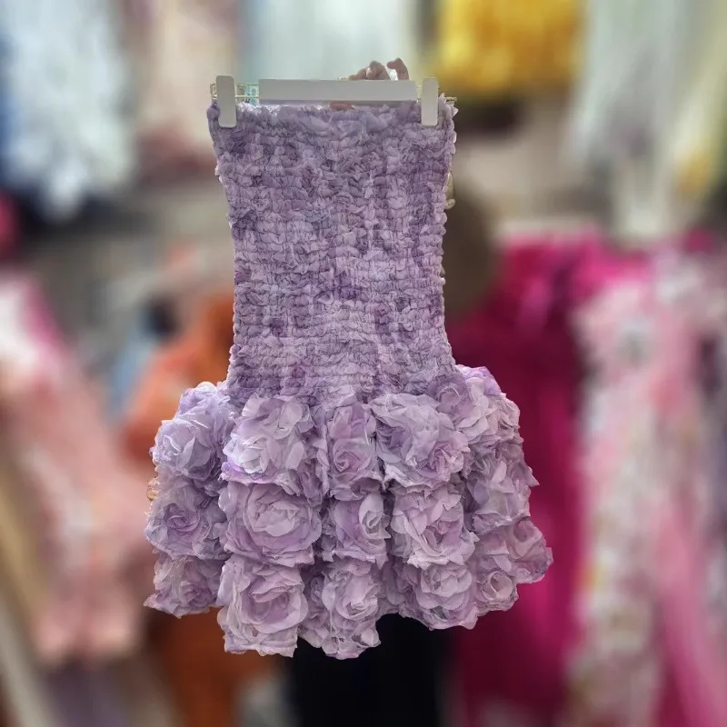 2025 primavera e verão francês novo tubo superior elástico envoltório camada plissado vestido curto para mulher