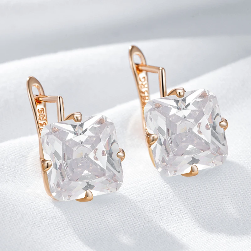 Kinel Hot Big Square English Earrings For Women Fashion 585 Rose Gold Color Shiny White Natural Zircon Accessories Daily Jewelry