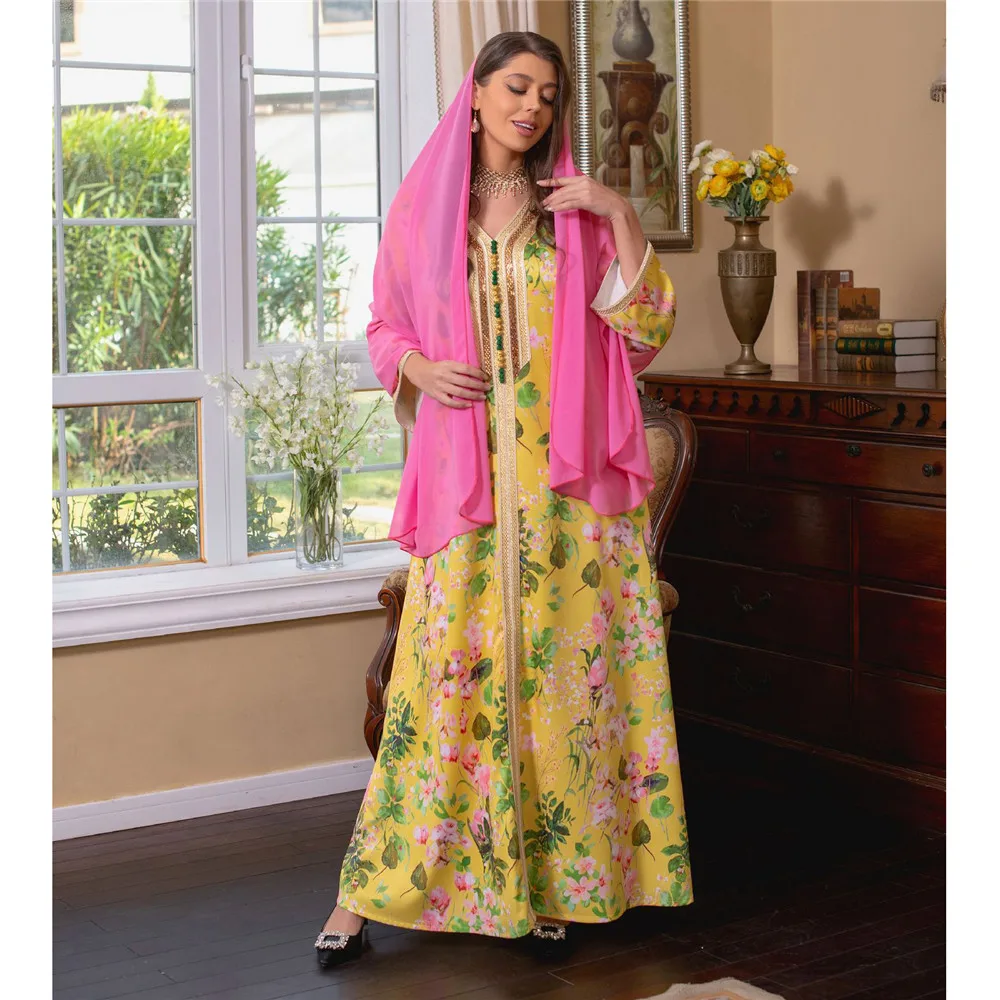 

Elegant Turkey Muslim Floral Print Abaya for Women Dress Dubai Hijab Kaftan Jalabiya Morocco Islamic Party Eid Ramadan Gown Robe