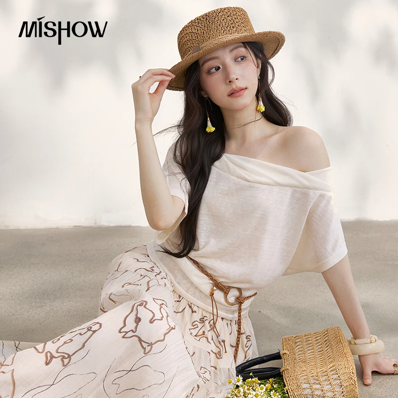 MISHOW Batwing Sleeve T-Shirt For Women 2026 Summer New Irregular Fold Collar Solid Color Loose Design Knitted Top MXF22T1548