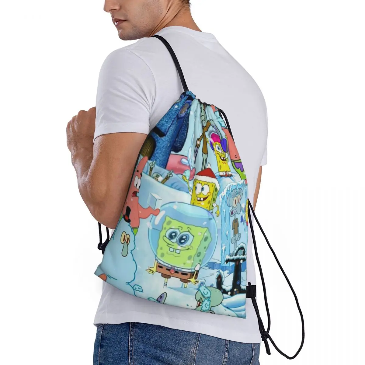 Drawstring bag Storage Portable Handbags Spongebob Grocery Shopping Shoulder bags foldable Travel Bag