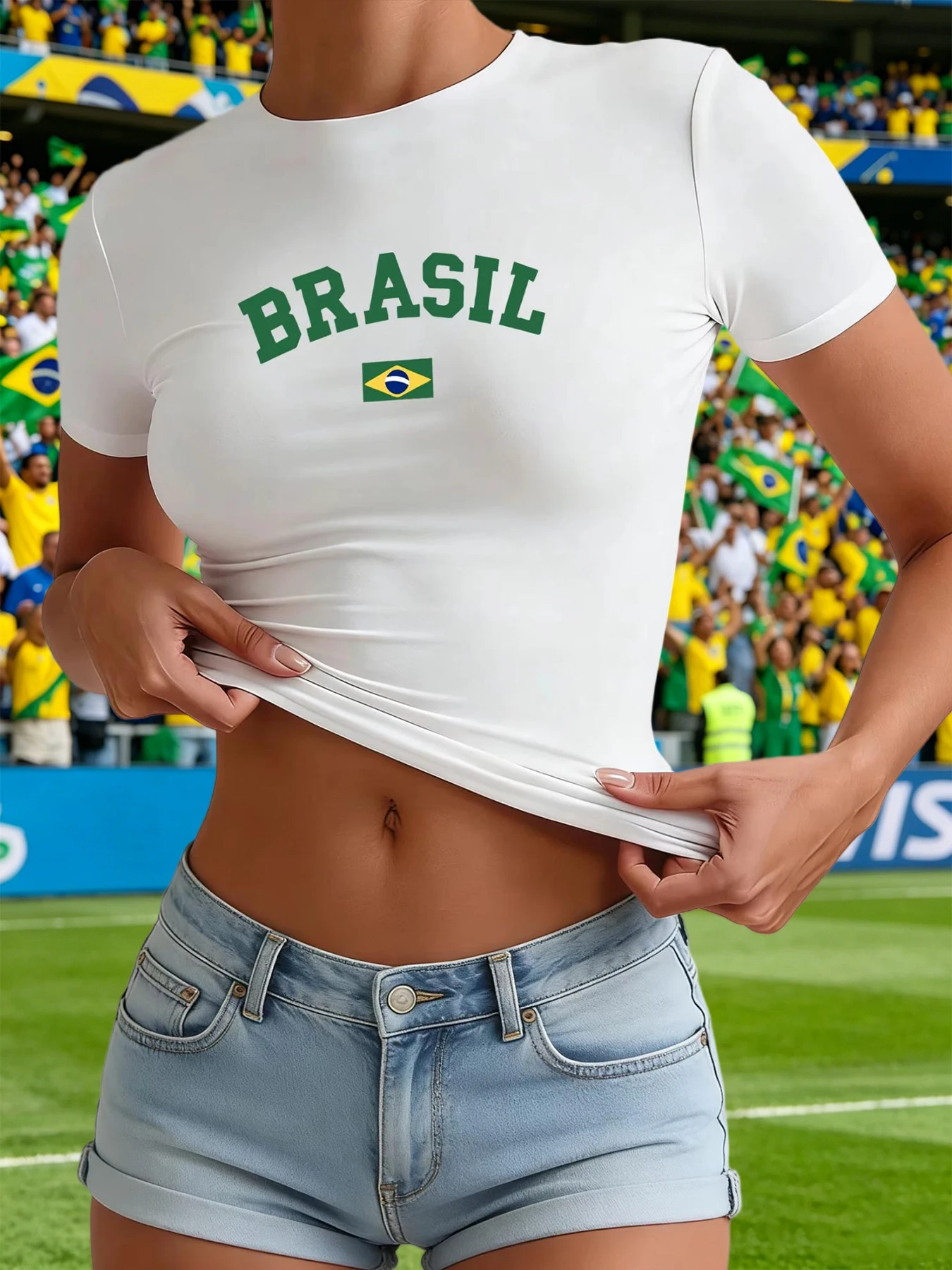 Camiseta feminina simples com bandeira do brasil, y2k, hip hop, casual, yoga, slim, manga curta, verão, gola redonda, feminina, streetwer