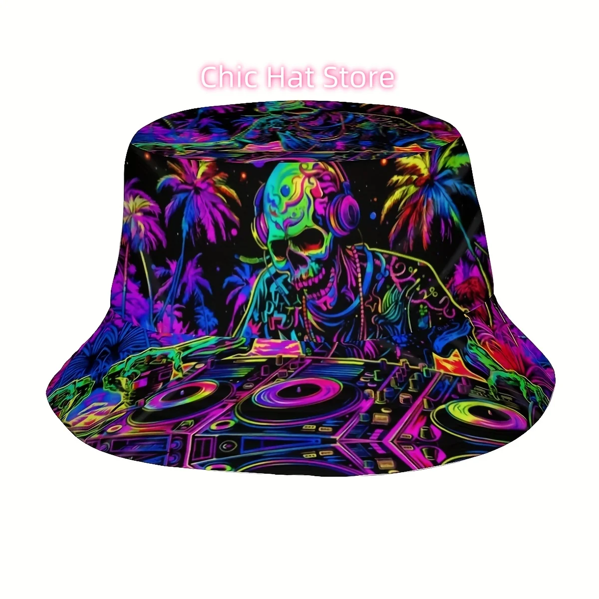 ()1pcs Featuring a Neon Skull DJ Pattern Unisex Printed Fisherman Hat, Stylish Hat with Fun Personality, Outdoor Vacation Golf B
