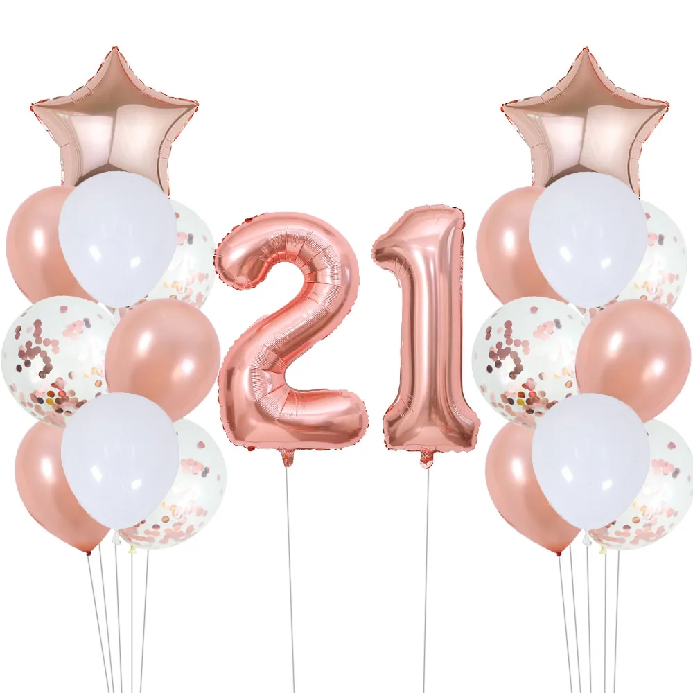 22pcs Rose Gold Number Foil Balloons Happy Birthday Party Decorations Adult Kids 10 11 14 15 16 18 25 30 35 40 50 60 70 Year Old