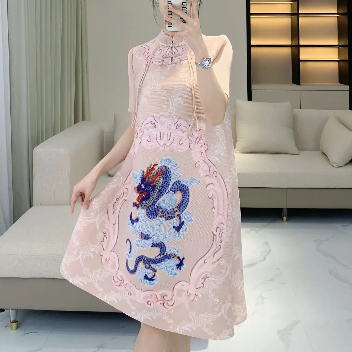 Pleats Pleated Dresses New Women 2024 Summer Oceanic Women's Loose Big Yards Retro Improved Cheongsam Simple Fashion Clothing