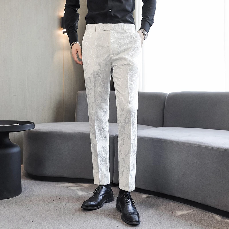 

Black White Men's Jacquard Suit Pants Fashion Wedding Party Social Trousers Formal Business Slim Fit Casual Office Pant 6XL-M