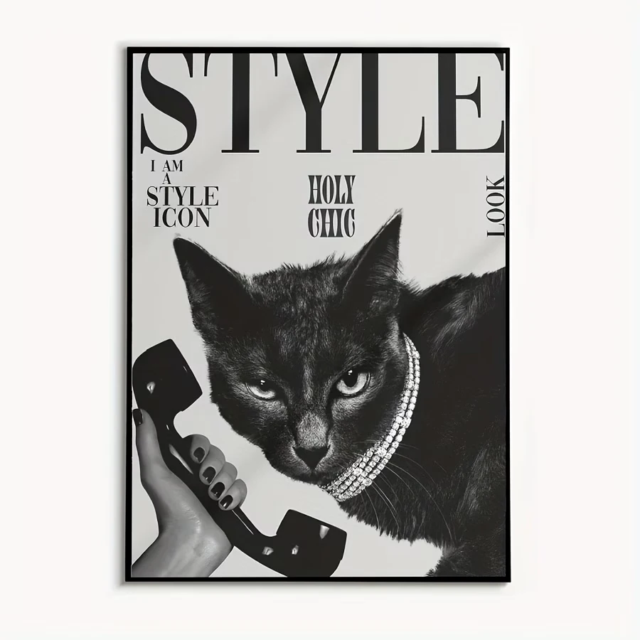 Retro Black Cat Making And Receiving Phone Call Wall Art Print Canvas Painting Poster Picture For Living Room,Bedroom Home Decor