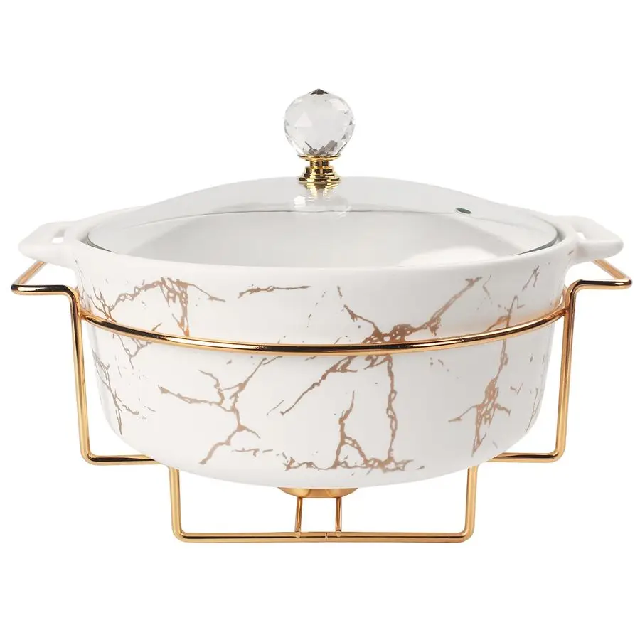 Ceramic Casserole Dish with Glass Lid and Gold rack, 2 Quart Serving Soup Tureen,Chafing Dish for Buffet, Family Food preserve T
