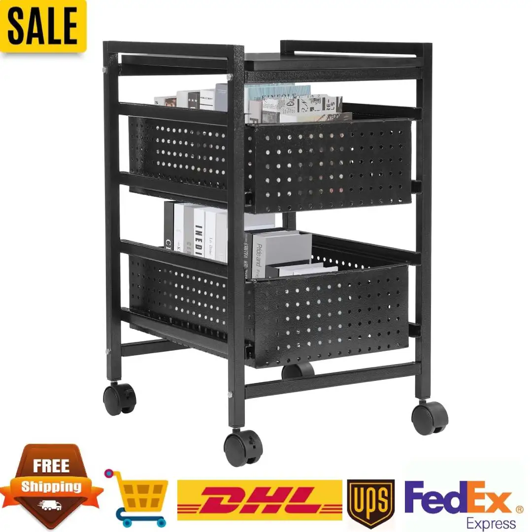 

Тележка для хранения файлов с 4 универсальными колесами, нагрузка 44,09 фунтов, тележка для картотеки, черная, 2 яруса + 1 верхняя платформа для спальни/офиса