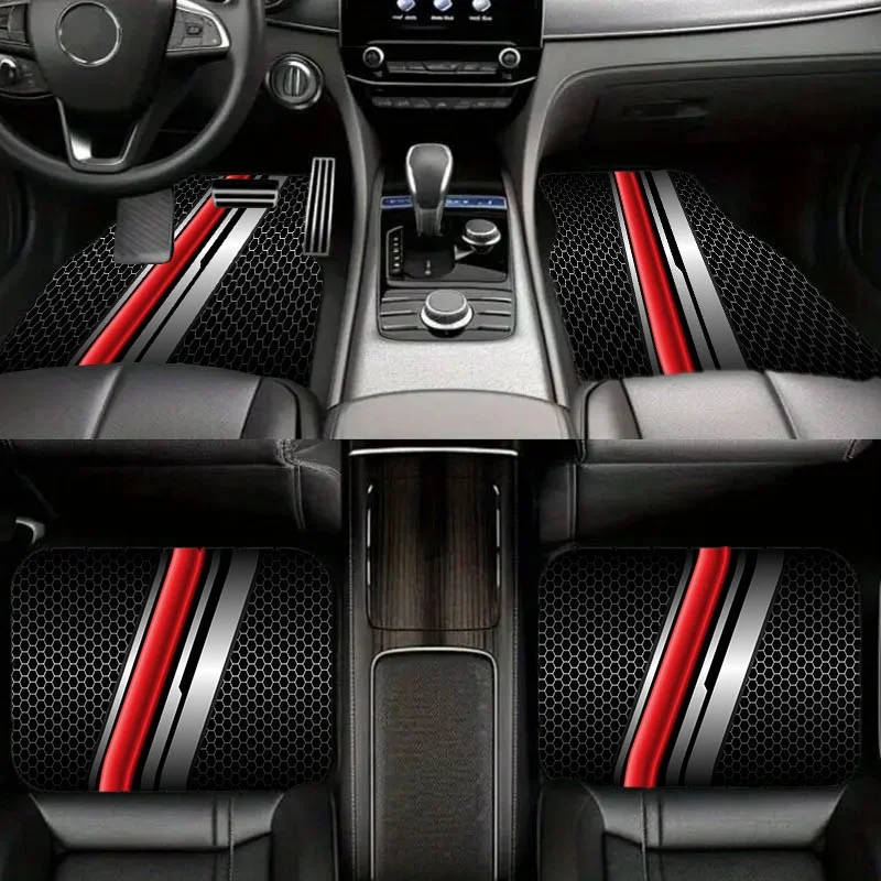 4pcs Polyester Car Floor Mats | Hexagonal Grid Pattern With Curved Metallic Stripes, Fashionable Modern Dynamic Visual Effect, U