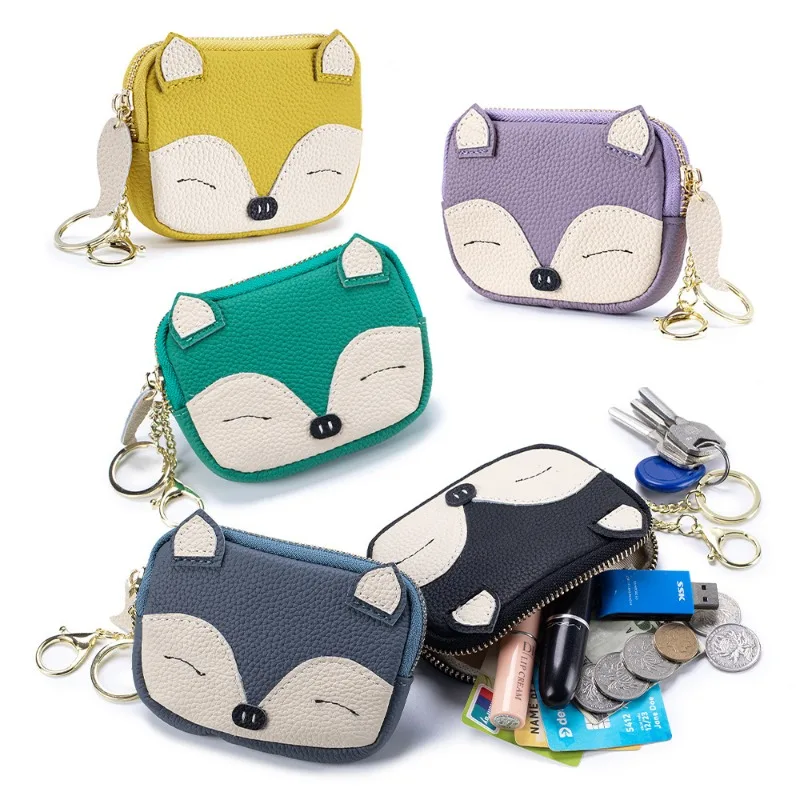 Genuine Leather Cute Fox Coin Purse for Women, Cartoon Embroidery Mini Wallet with Keychain, Multi-Purpose Small Pouch for Keys
