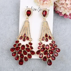 Luxury Prom Pageant Jewelry Bridal Accessories Red Ruby Crystal Rhinestone Chandelier Dangle Drop Earrings for Women Bridesmaid