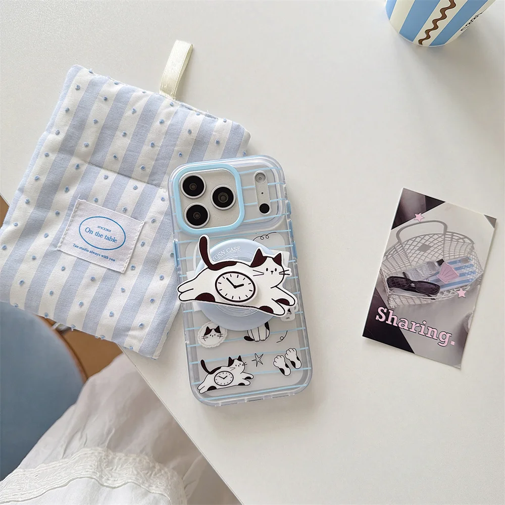 Korean Cute Cartoon Magnetic Bracket Blue Striped Cat Phone Case for iPhone 17 16 15 Pro Max for Magsafe Shockproof Back Cover