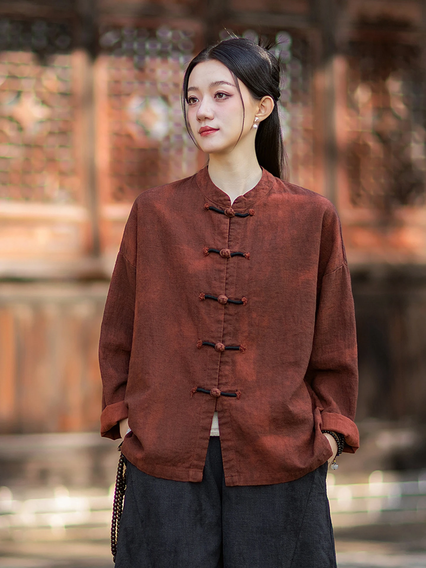 Retro Chinese Style Women's Cotton Linen Open Cardigan Tea Leaf Coat Spring Autumn Loose Fit Breathable Long Sleeve Jacket