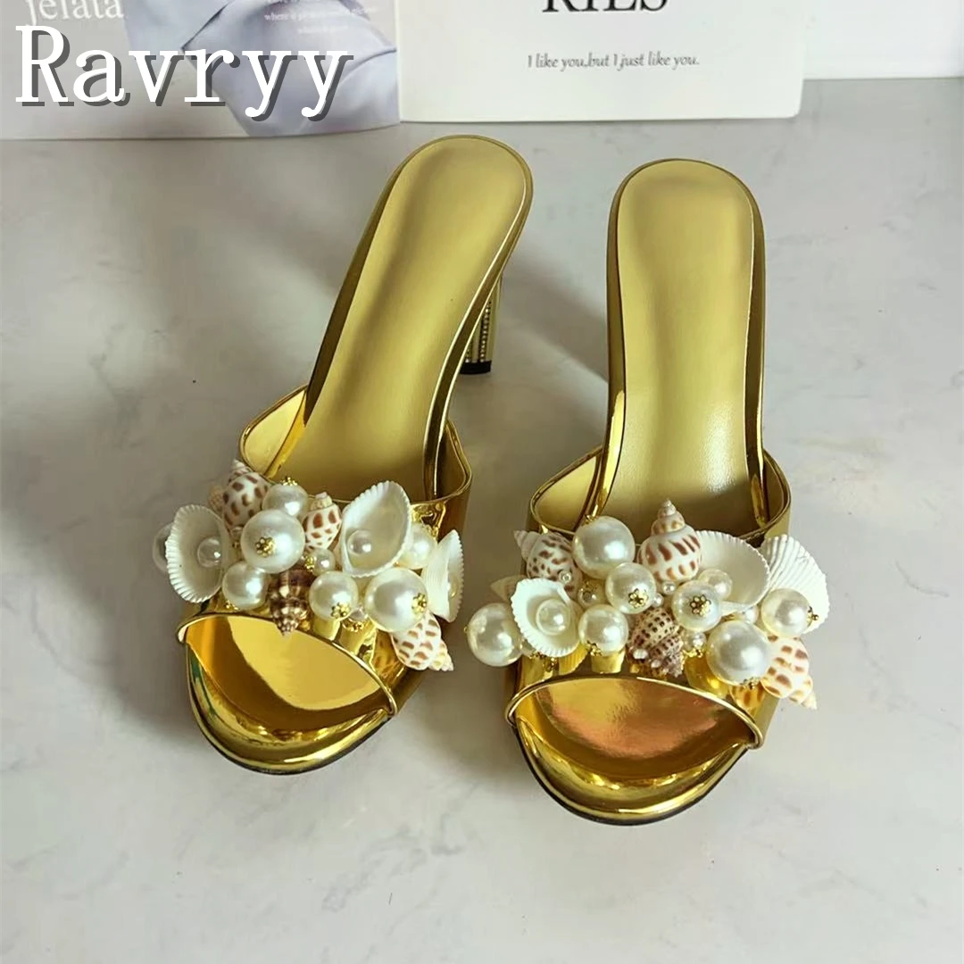

Luxury Design Shell Pearl Decoration Slippers Women Peep Toe Rhinestones High Heels Summer Outdoor Party Banquet Shoes