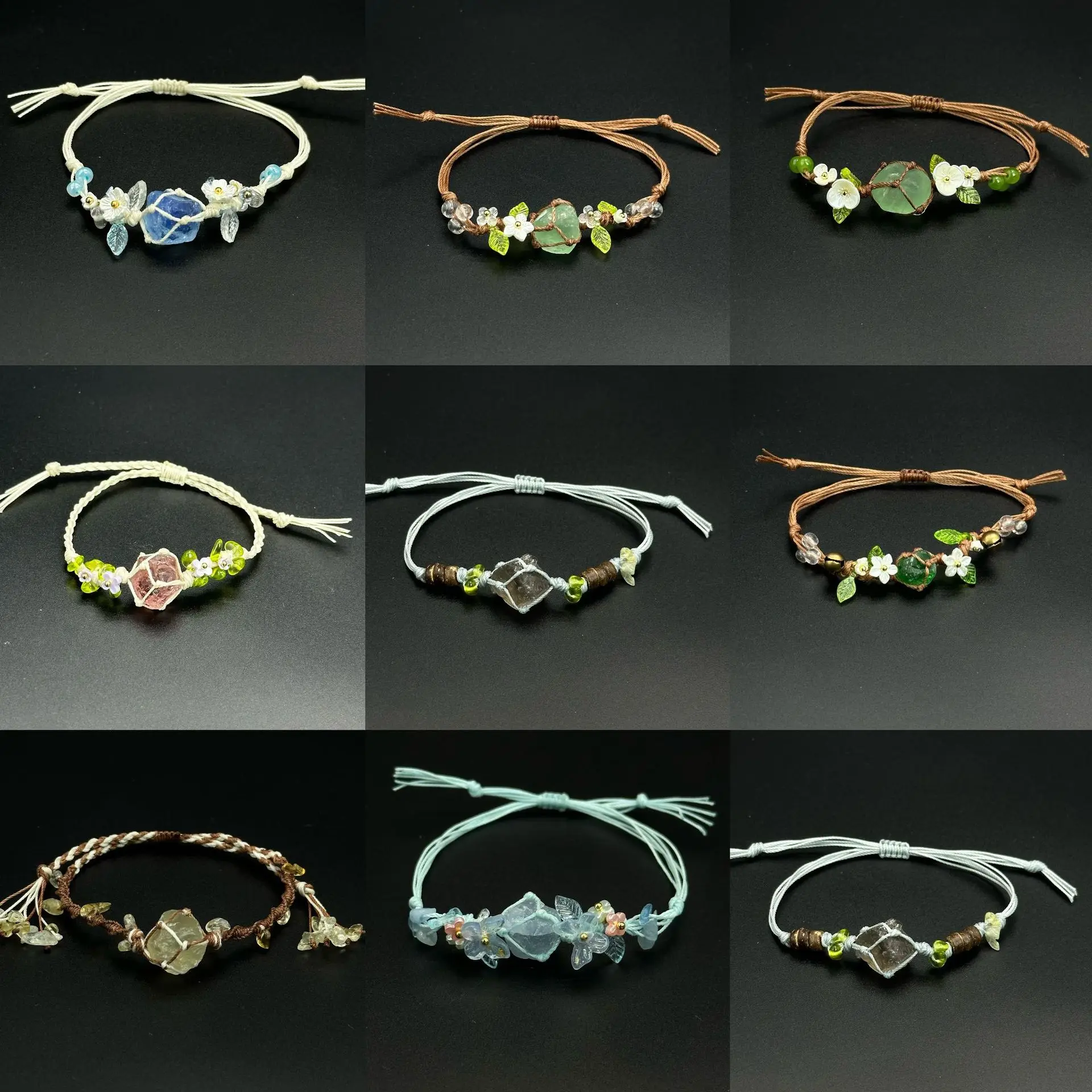 Chinese Style Lucky Natural Raw Crystal Handmade Macrame Adjustable Bracelet Boho Healing Fortune Blessing Protection Jewelry