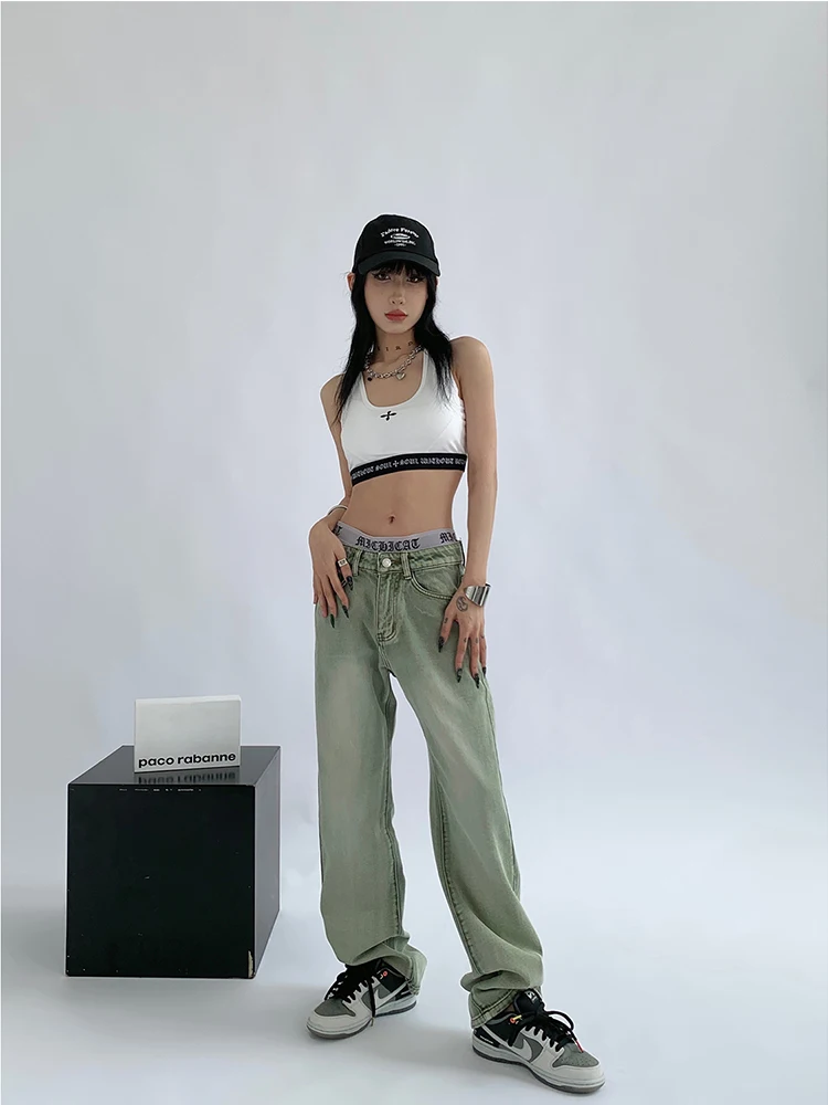 Women Light Green Baggy Jeans Vintage High Waist Cowboy Pants Harajuku Denim Trousers 90s Y2k Trashy 2000s Oversize Clothes 2024