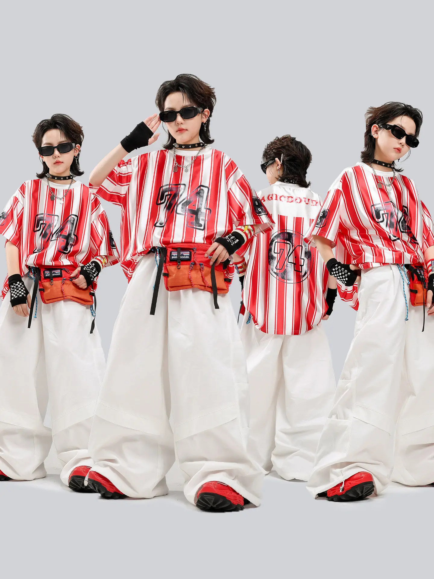 Traje de Performance de Dança Hip Hop Infantil com Listras Vermelhas para Meninos, Roupa Moderna e Estilosa para Apresentaçõe...