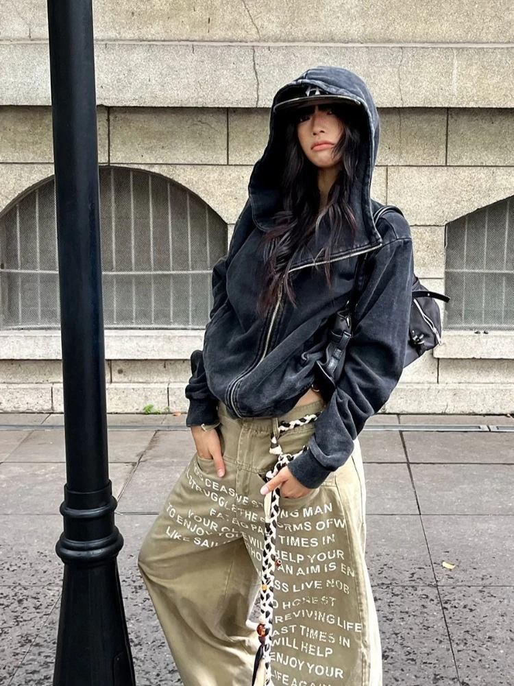 Cappotto da donna estetico vintage Y2k con cerniera Tasche in puro colore Felpa con cappuccio High Street Chic Asimmetrico Capispalla femminile Autunno Inverno