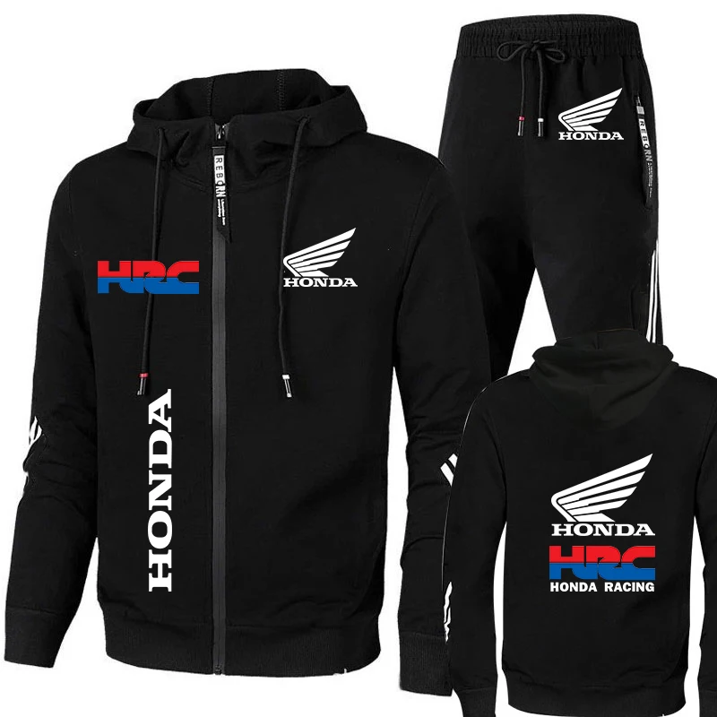 Tracksuit Men\'s Honda Wing HRC Logo Print Hoodie Suits Casual Trendy Zipper Sweatshirt+Pants Sets Sport Honda Men\'s Clothing