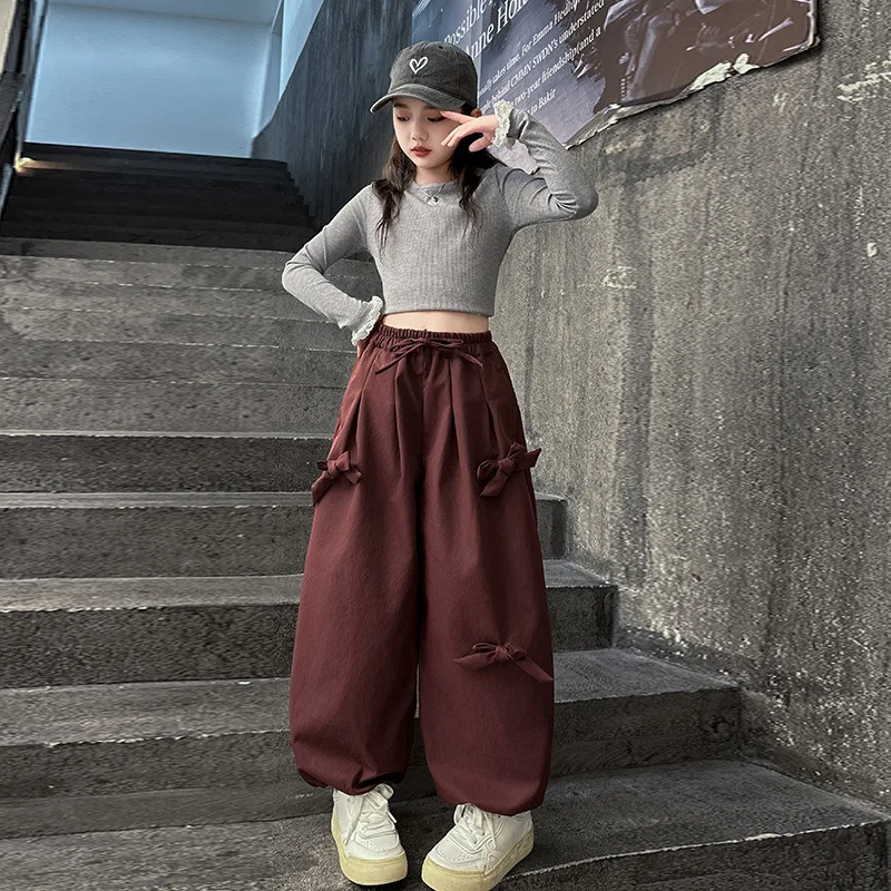 Girls Pants 2024 Autumn New Childrens Clothes Korean Style Girls Baby Foreign Style Bow Haren Pants Casual Simple Daily