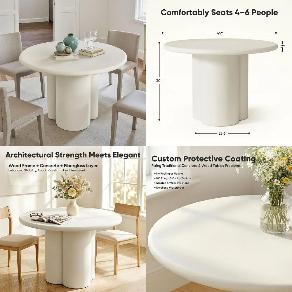 

Round Dining Table for 4, 45 Concrete White Circle Table with Pedestal Modern Round Table for Living Room, Farmhouse, Breakfast
