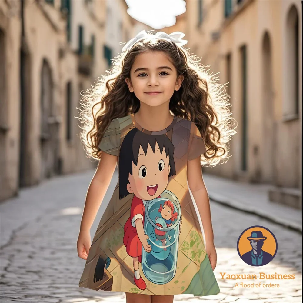 فستان أنيق مطبوع عليه رسوم كارتونية ثلاثية الأبعاد للفتيات من Ponyo لعام 2025، فستان صيفي لطيف ورائع جدًا ​