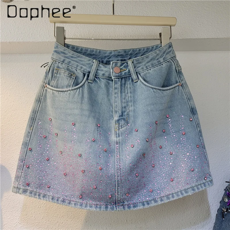 

Pink Rhinestone Denim Skirts 2024 Summer Women Fashion A Line Washed Blue Diamonds Wrap Hip Mini Skirt Y2k Slim Short Skirt