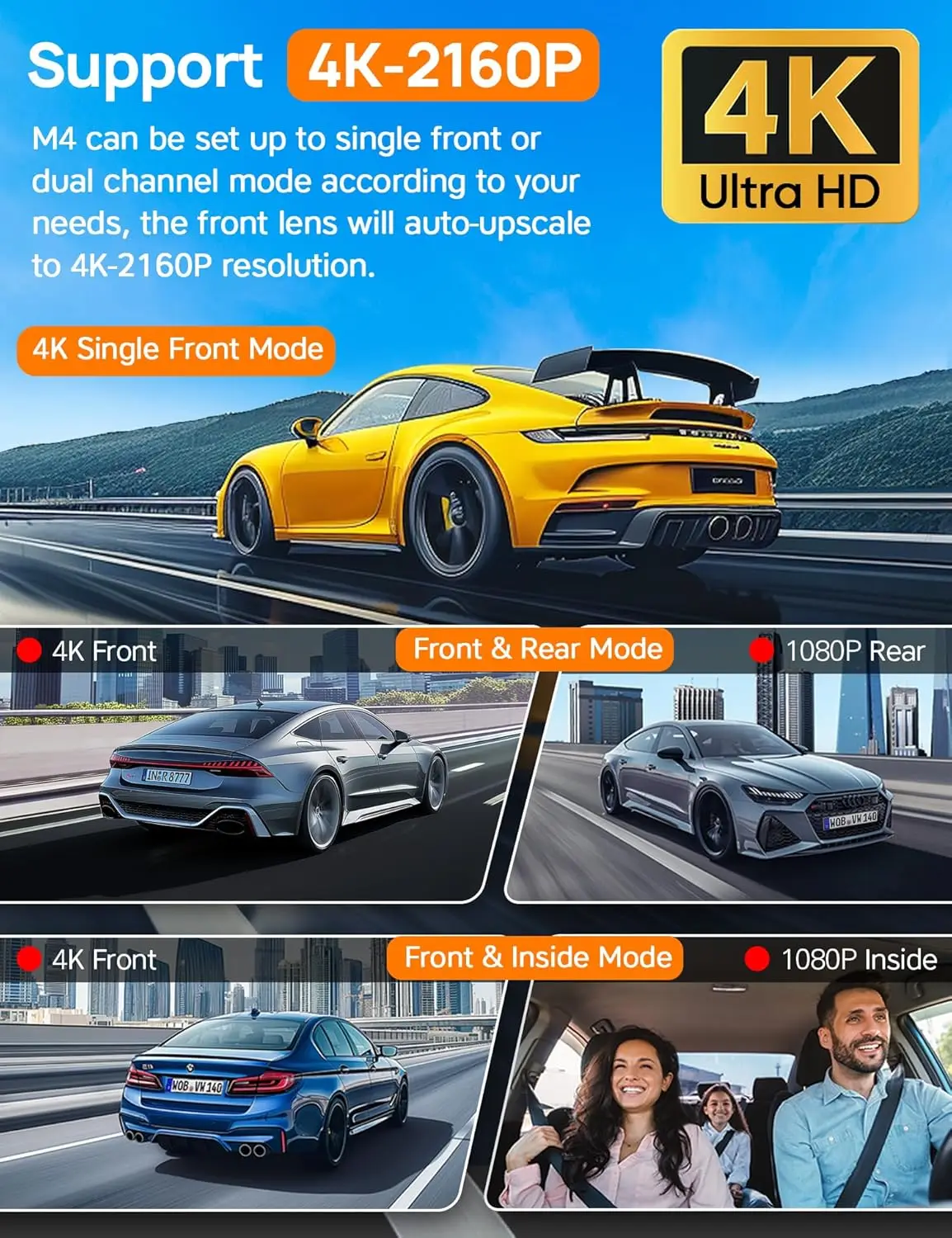 3 Channel WiFi Dash Cam Front and Rear Inside, 4K+1080P Dash Camera for Cars Front and Rear, Front and Inside, 2.5K+1080P+1080P