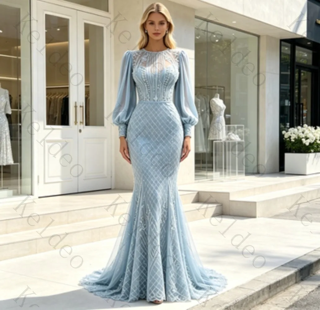 Customized High Neck Mermaid Evening Gown Women Puff Long Sleeves Beaded Lace Bodice Satin Skirt Hem Floor‑Length Formal Prom