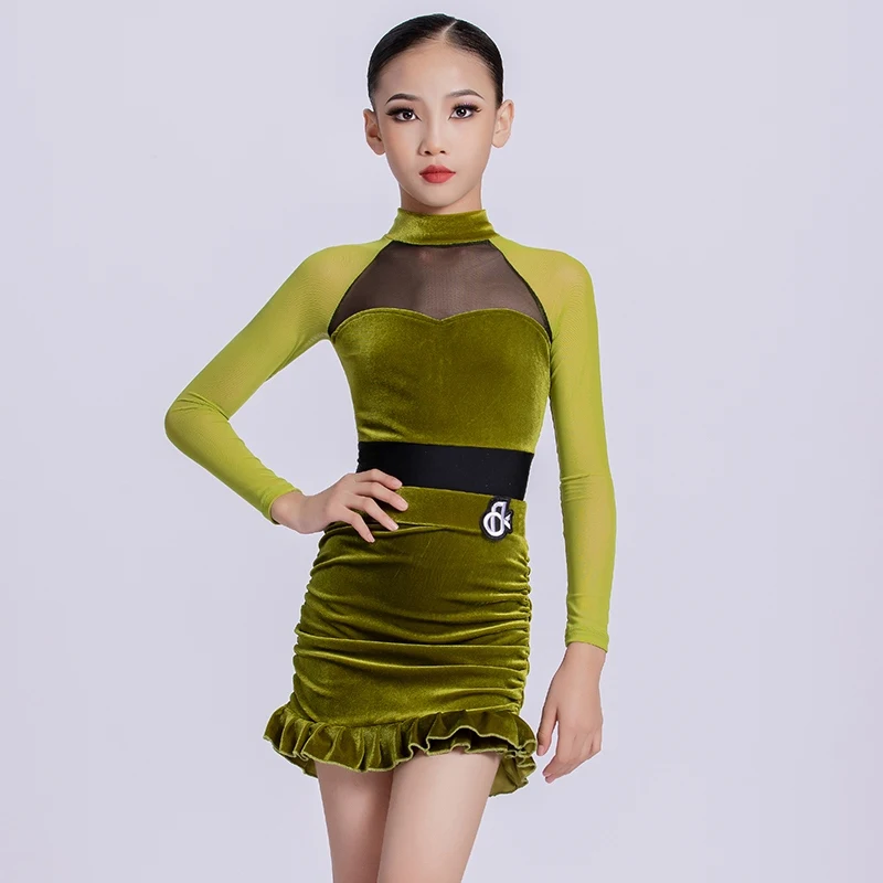 Falda verde de manga larga con cuello alto, vestido de baile latino, trajes de práctica de baile Chacha Rumba, trajes de actuación, ropa DQL11554
