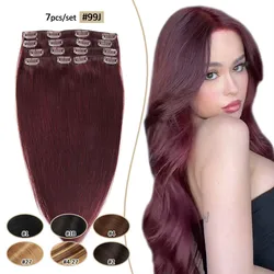 Clip in Hair Extensions Burgundy 99J 100% Real Human Hair 14-20inch 7Pcs 70g Natural Straight Hair Extensions Dark Red For Women