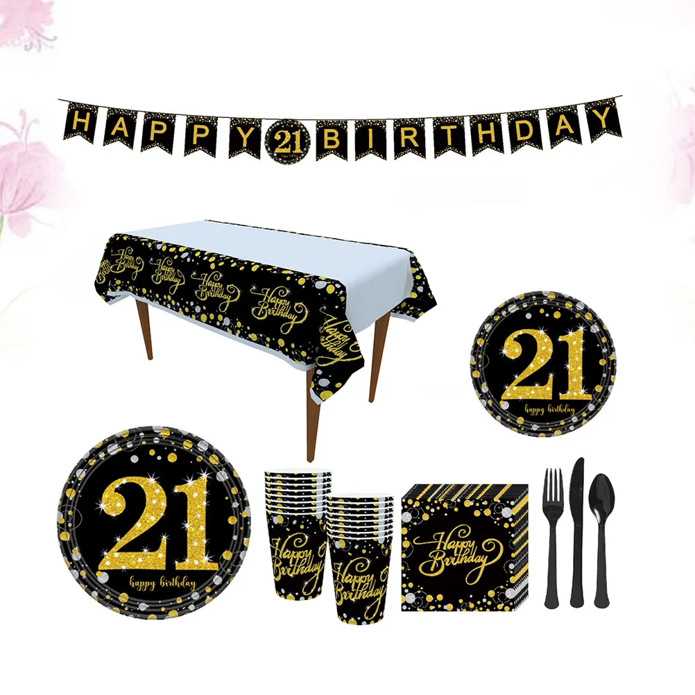 

114 Pcs Birthday Party Tableware Set Black Plates Supplies The Banner Happy Decor