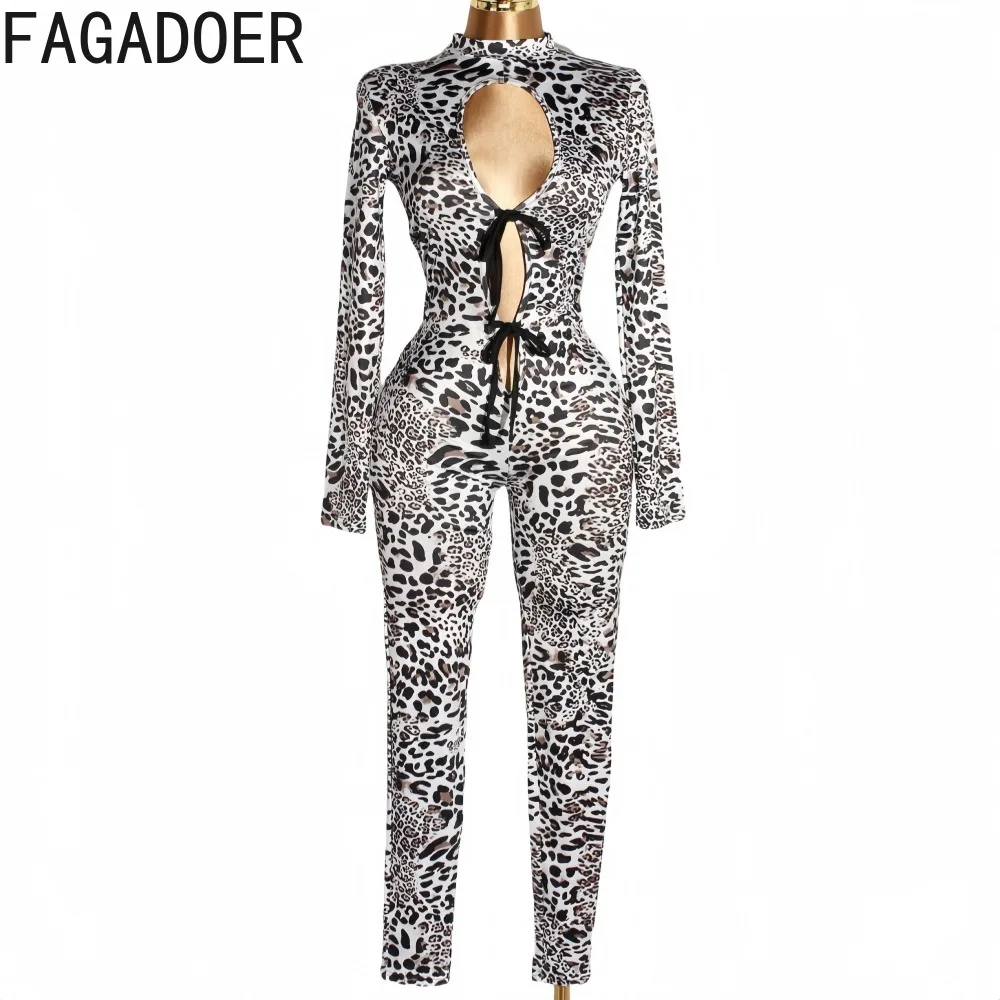 FAGADOER Sexy Leopard Print Bodycon Jumpsuits Women Hollow Out Long Sleeves Bandage Patchwork Romper Female Streetwear Overalls