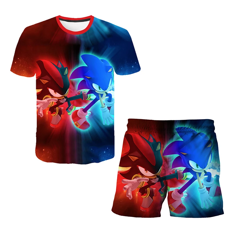 Nuovo cartone animato giapponese Sonic T-shirt top per bambini T-shirt pantaloncini set in due pezzi estate ragazzo cartone animato carino T-shirt + pantaloni da spiaggia