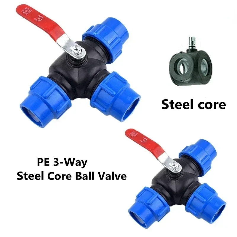 1Pcs 25mm 32mm 40mm 50mm Water Pipe Plastic Steel Core Ball Valve 3-Way Quick Connector T-Type PVC PE Fast Connection