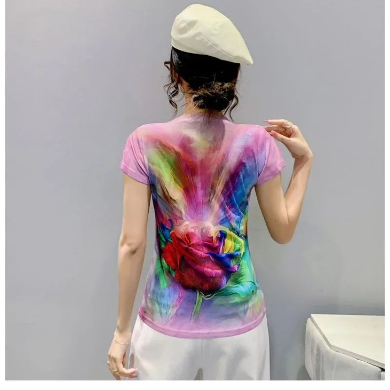Women's Clothing Summer New Fashion Commuter Geometric Printed Tie Dye Round Neck Short Sleeve Slim All-match Chic T-shirts Tops image 6